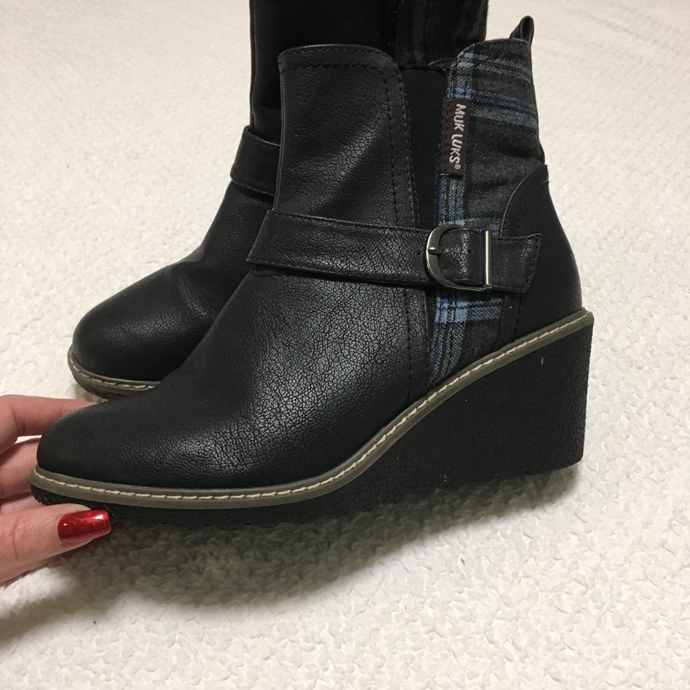 Muk Luks Wedge Plaid and Leather Booties